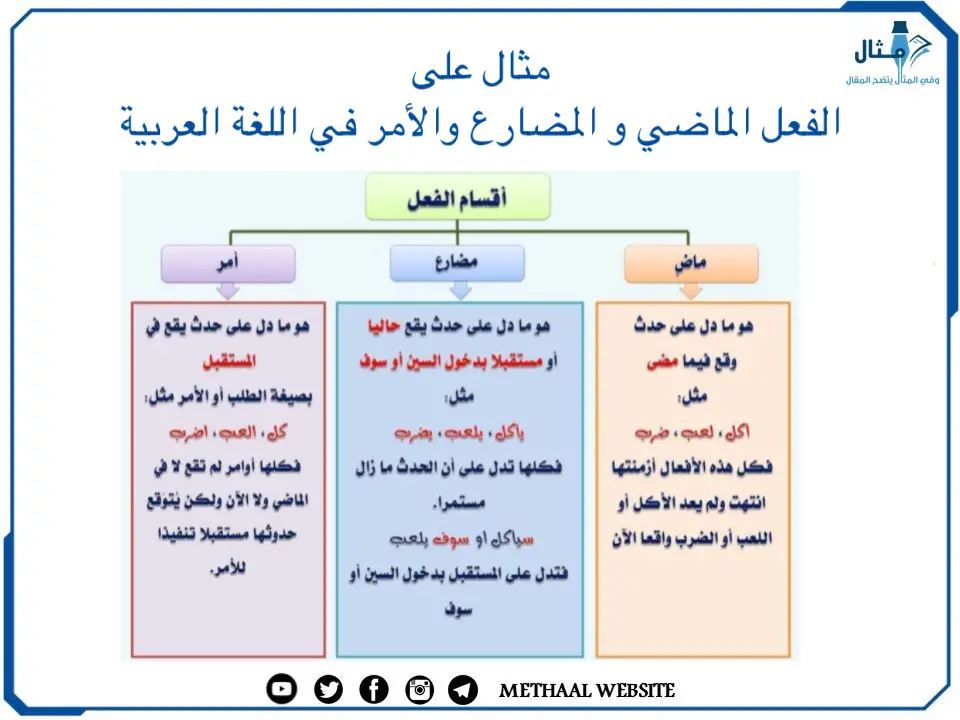 مثال على الفعل الماضي و المضارع والأمر في اللغة العربية 